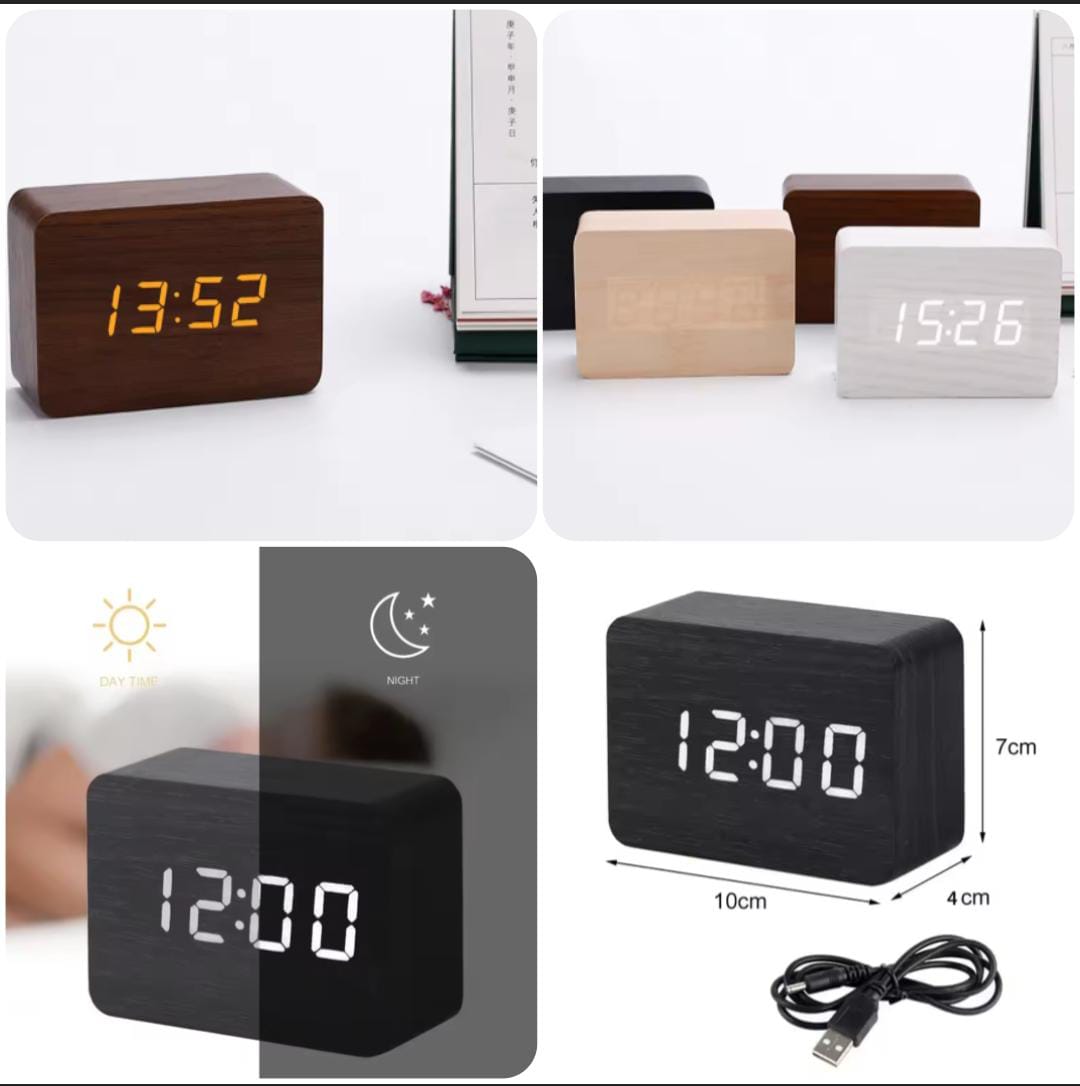 Wooden Digital Alarm Clock with Temperature Sound Control Electronic Clocks