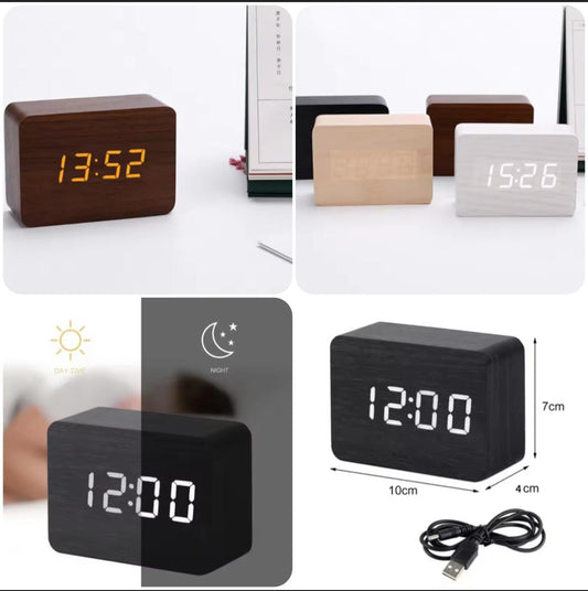 Wooden Digital Alarm Clock with Temperature Sound Control Electronic Clocks